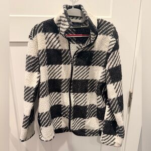 Real Essentials Sherpa Fleece Jacket Women’s Small Black White Plaid Full Zip